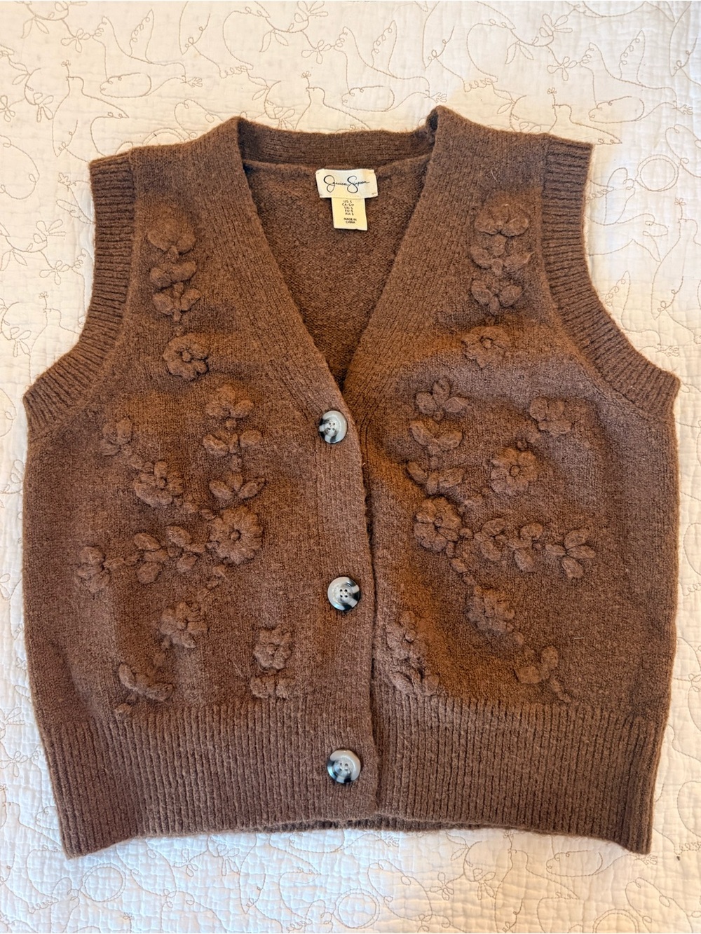 Jessica Simpson Brown Floral Knit V-Neck Button Vest